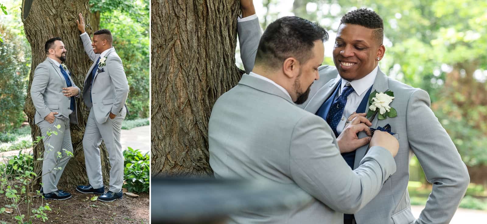 Male same-sex couple portraits outdoors in terrace